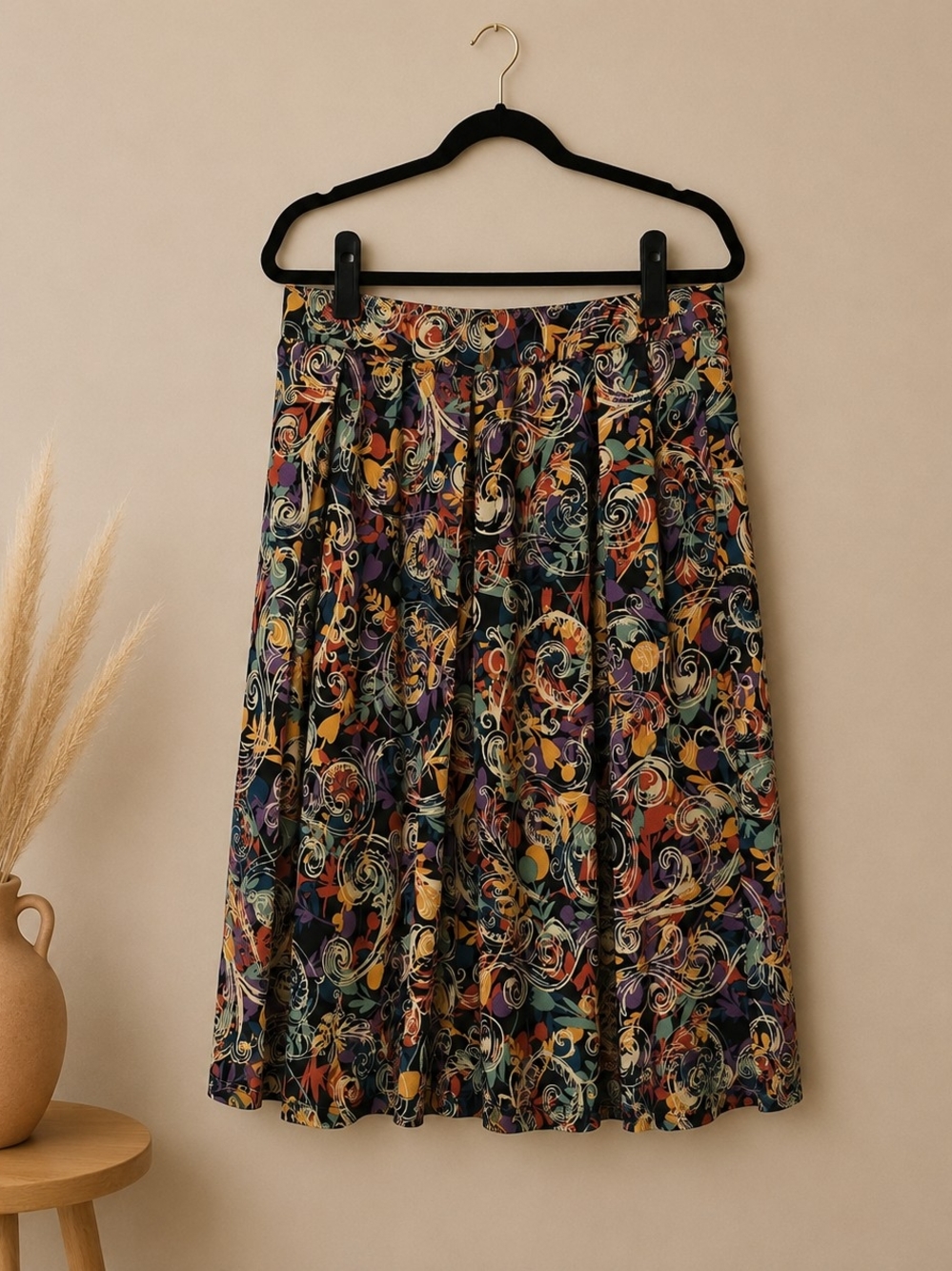 LuLaRoe A-Line Skirt in Black with Teal, Purple & Gold Swirls